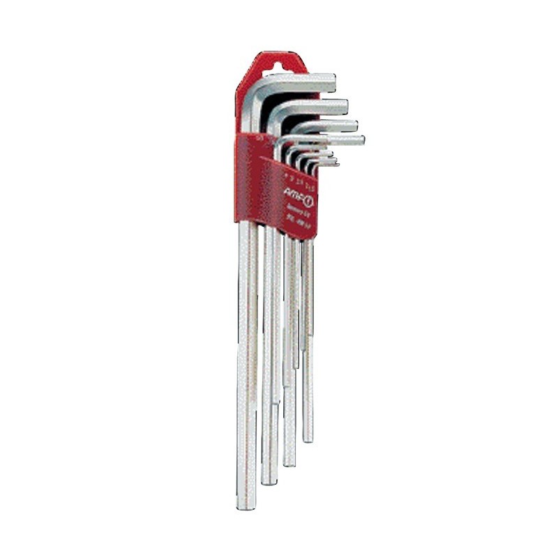 Jeu de clés mâles coudées 911L-HM9D support en plastique 9 pièces SW 1.5 - 10 mm long acier au chrome-vanadium AMF